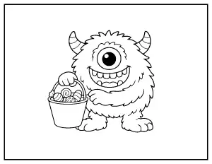 One-Eyed Monster with a Candy Bucket coloring page – printable line art