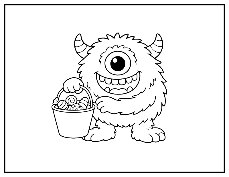 One-Eyed Monster with a Candy Bucket coloring page – printable black and white line art