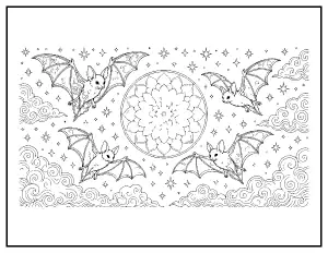 Ornate Bats Around a Full Moon Mandala coloring page – printable line art
