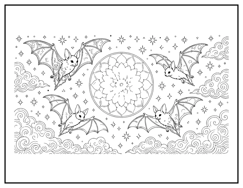 Ornate Bats Around a Full Moon Mandala coloring page – printable black and white line art
