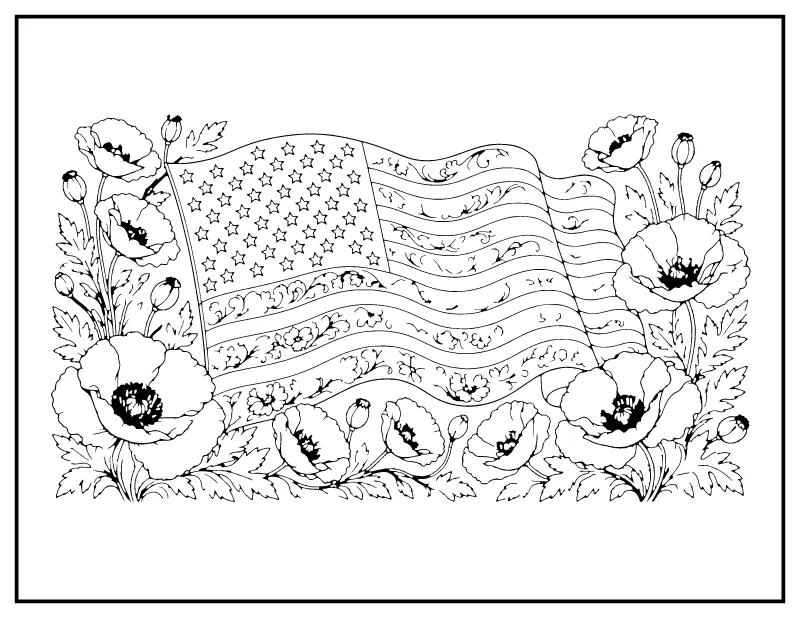 Ornate Floral American Flag with Poppies coloring page – printable black and white line art