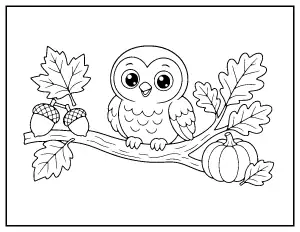Owl on an Autumn Branch with Acorns coloring page – printable line art