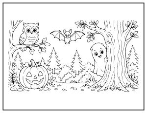 Owl, Ghost and Bat in the Halloween Forest coloring page – printable line art