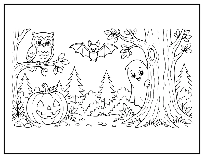 Owl, Ghost and Bat in the Halloween Forest coloring page – printable black and white line art