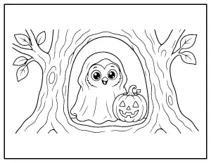 Owl in a Ghost Costume in a Tree Hollow coloring page – printable line art
