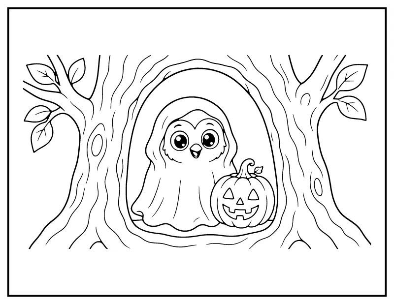 Owl in a Ghost Costume in a Tree Hollow coloring page – printable black and white line art