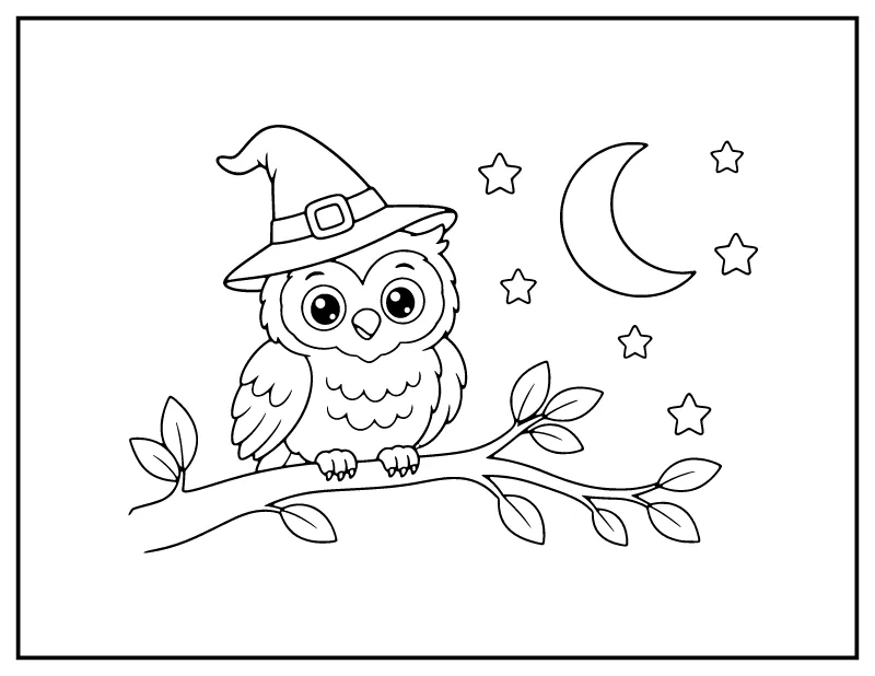 Owl in a Witch Hat under the Moon coloring page – printable black and white line art