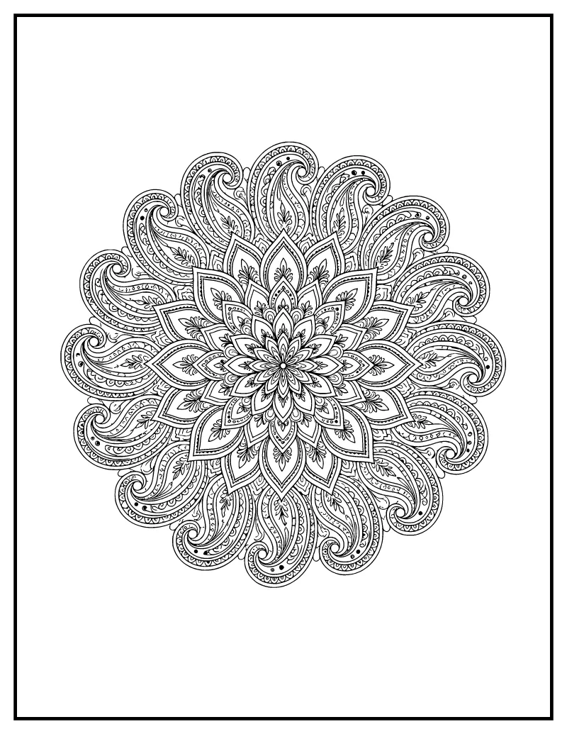 Paisley Lotus Diwali Mandala coloring page – printable black and white line art
