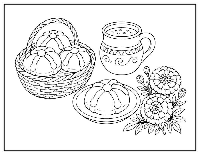 Pan de Muerto and Hot Chocolate coloring page – printable black and white line art