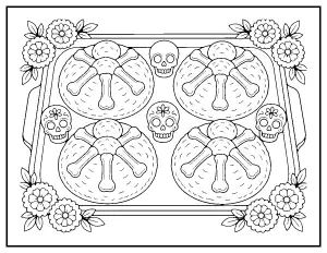Pan de Muerto Bakery Tray coloring page – printable line art