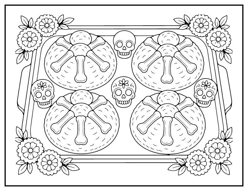 Pan de Muerto Bakery Tray coloring page – printable black and white line art