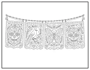 Papel Picado Banners with Skulls and Butterflies coloring page – printable line art