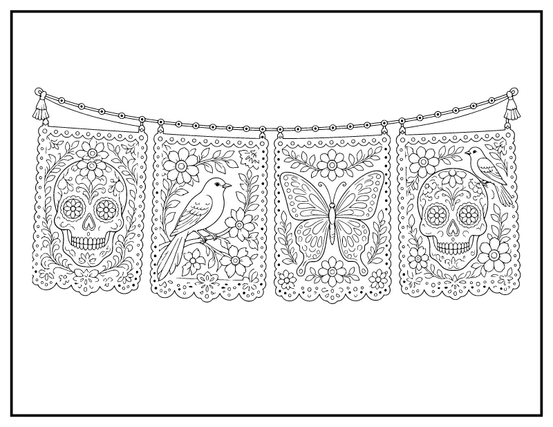 Papel Picado Banners with Skulls and Butterflies coloring page – printable black and white line art