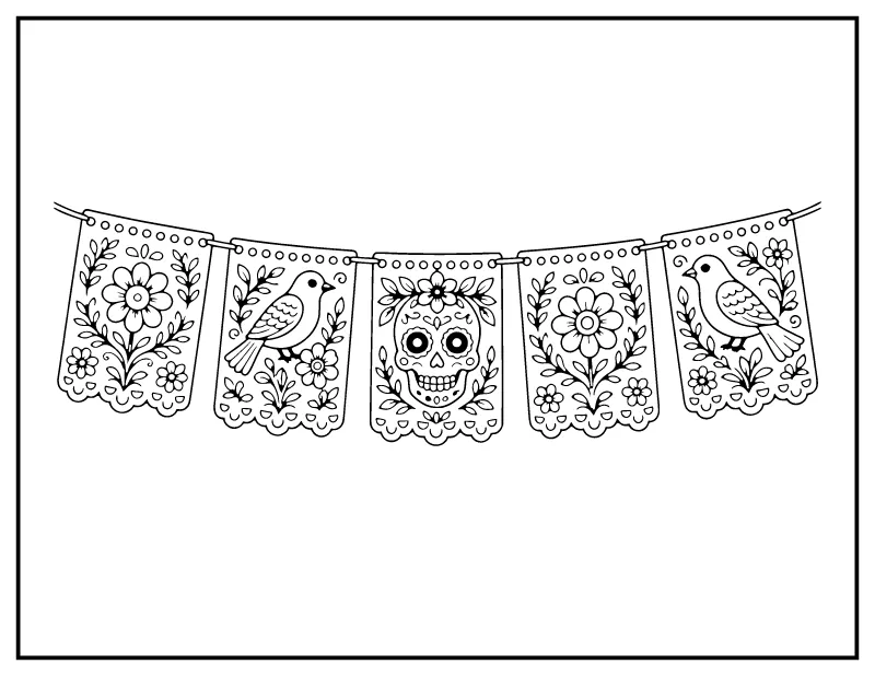 Papel Picado Garland coloring page – printable black and white line art