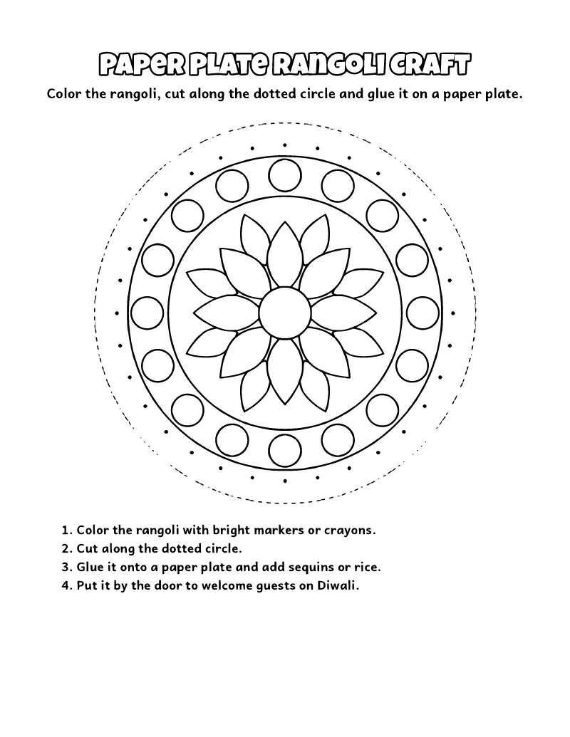 Paper Plate Rangoli Craft coloring page – printable black and white line art