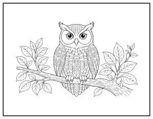 Patterned Owl on a Branch coloring page – printable line art
