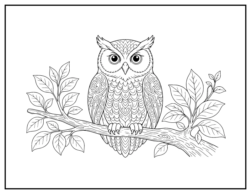 Patterned Owl on a Branch coloring page – printable black and white line art