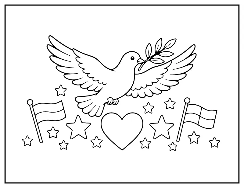 Peace Dove with Olive Branch and Heart coloring page – printable black and white line art