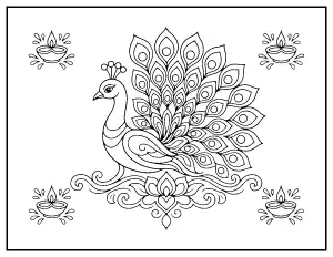 Peacock Rangoli coloring page – printable line art