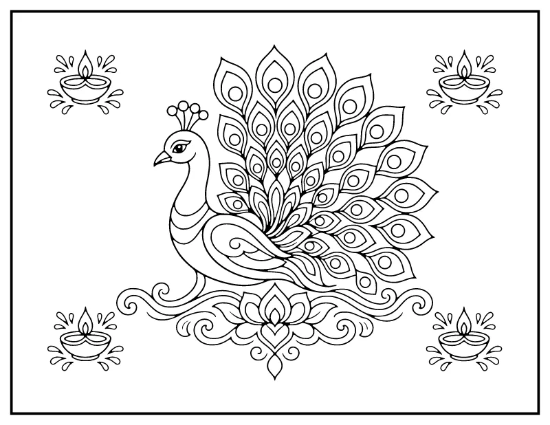 Peacock Rangoli coloring page – printable black and white line art