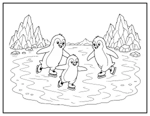 Penguin Family Ice Skating coloring page – printable line art