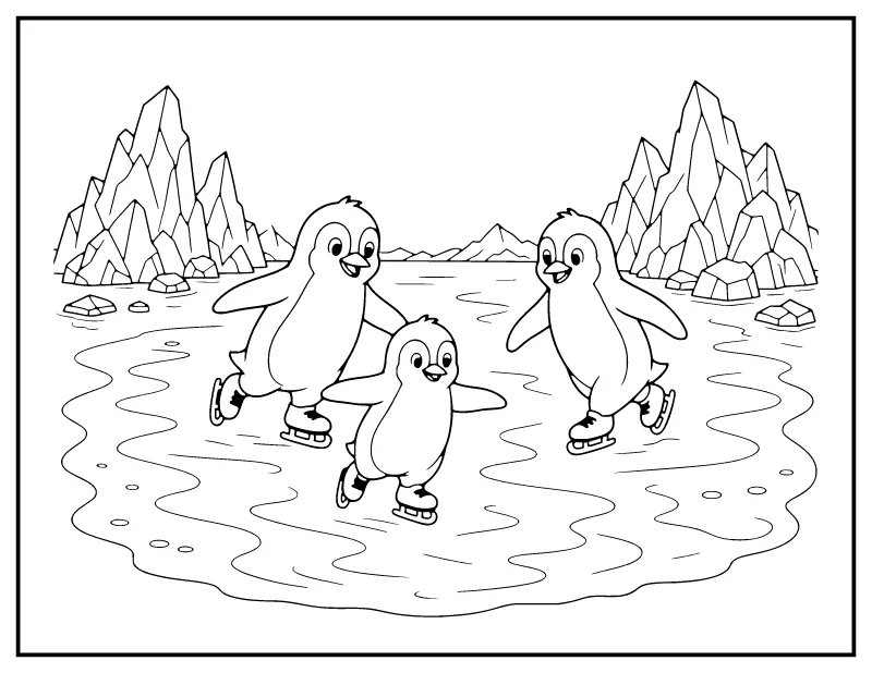 Penguin Family Ice Skating coloring page – printable black and white line art
