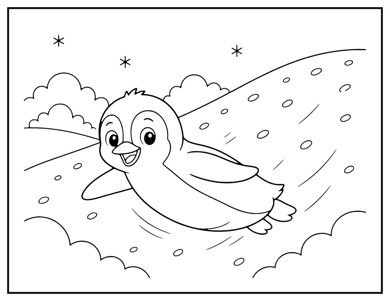 Penguin Sliding in the Snow coloring page – printable black and white line art