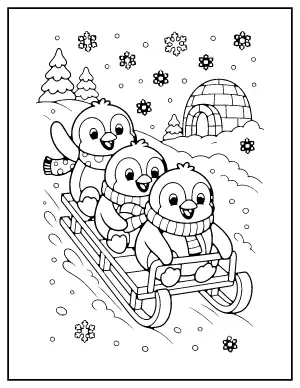 Penguins Sledding Down a Hill coloring page – printable line art