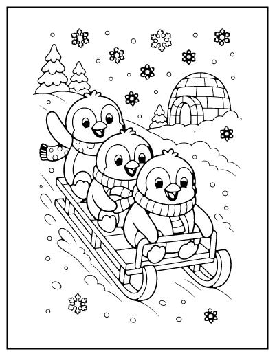 Penguins Sledding Down a Hill coloring page – printable line art
