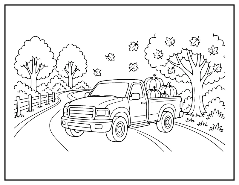 Pickup Truck with Pumpkins coloring page – printable black and white line art