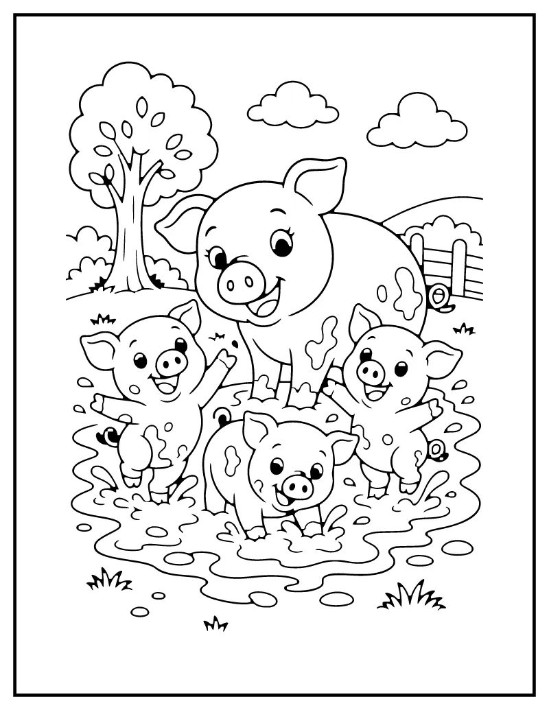 Piglets in the Mud coloring page – printable black and white line art