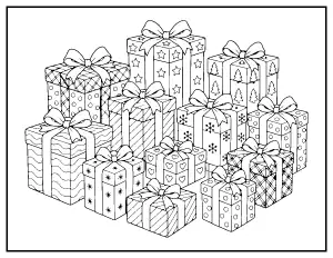 Pile of Christmas Presents coloring page – printable line art