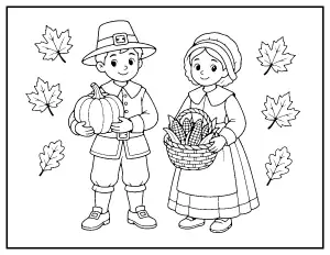 Pilgrim Boy and Girl with a Pumpkin and Corn coloring page – printable line art