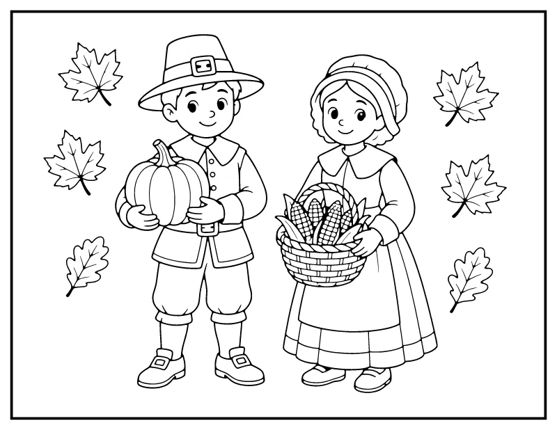 Pilgrim Boy and Girl with a Pumpkin and Corn coloring page – printable black and white line art