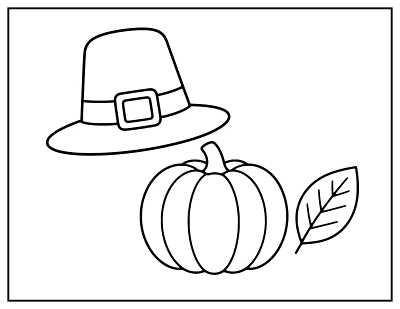 Easy Pilgrim Hat and Pumpkin coloring page – printable black and white line art