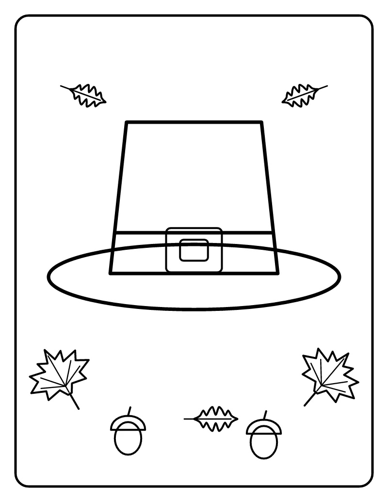Pilgrim Hat with Autumn Leaves coloring page – printable black and white line art