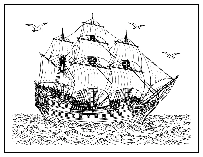 Mayflower-Style Pilgrim Sailing Ship coloring page – printable black and white line art