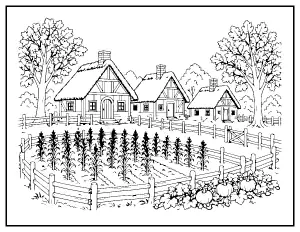 Pilgrim Village with a Corn Garden coloring page – printable line art