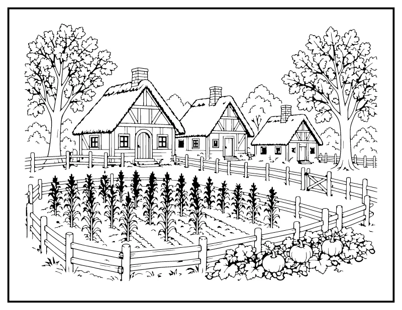 Pilgrim Village with a Corn Garden coloring page – printable black and white line art