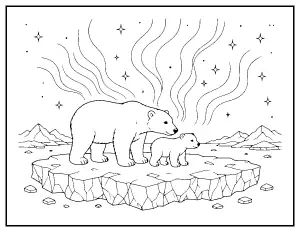 Polar Bear and Cub under the Northern Lights coloring page – printable line art