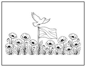 Poppy Field with Flag and Dove coloring page – printable line art