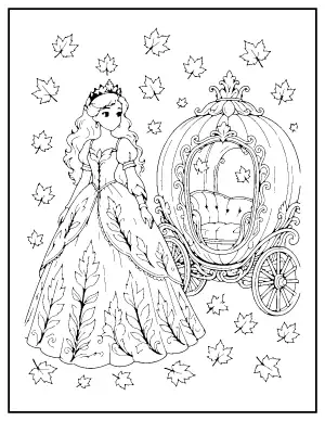 Princess in an Autumn Gown with a Pumpkin Carriage coloring page – printable line art
