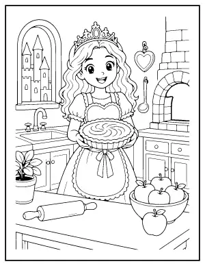 Princess Baking a Pumpkin Pie coloring page – printable line art