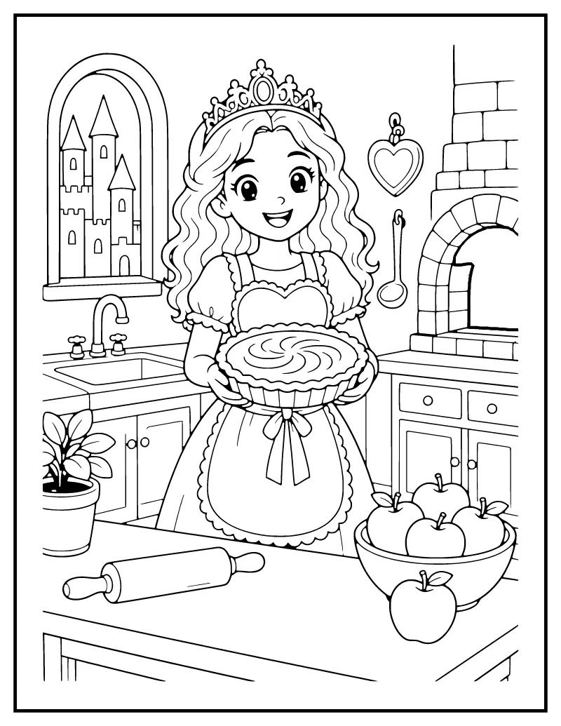 Princess Baking a Pumpkin Pie coloring page – printable black and white line art