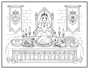 Princess at a Thanksgiving Feast in the Castle coloring page – printable line art