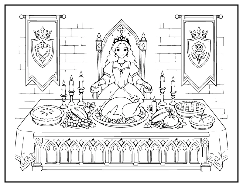 Princess at a Thanksgiving Feast in the Castle coloring page – printable black and white line art