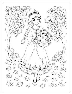 Princess with a Harvest Basket in the Orchard coloring page – printable line art