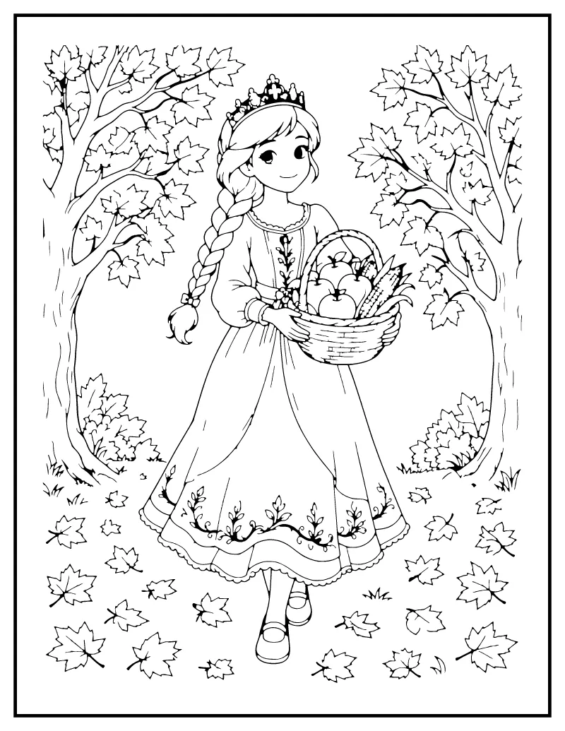 Princess with a Harvest Basket in the Orchard coloring page – printable black and white line art