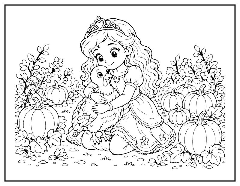 Princess Hugging a Baby Turkey coloring page – printable black and white line art