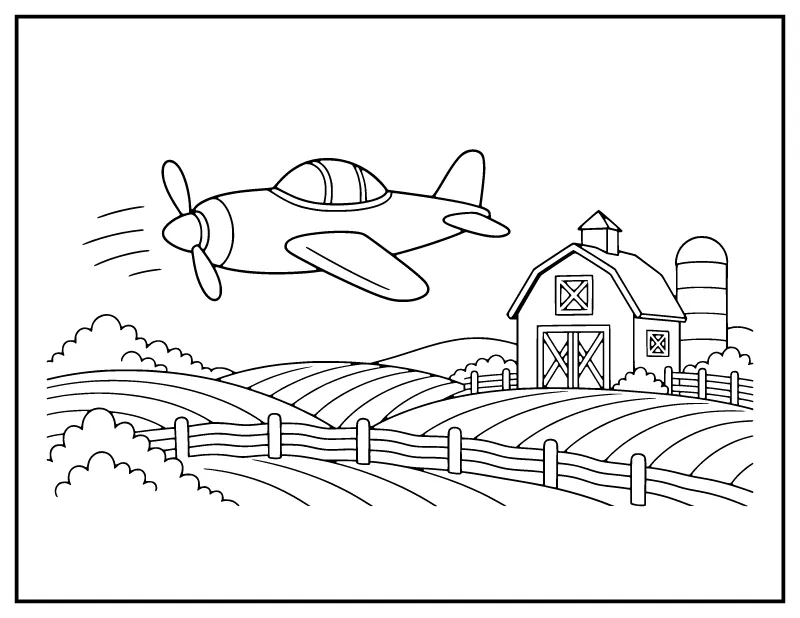 Propeller Plane over the Farm coloring page – printable black and white line art